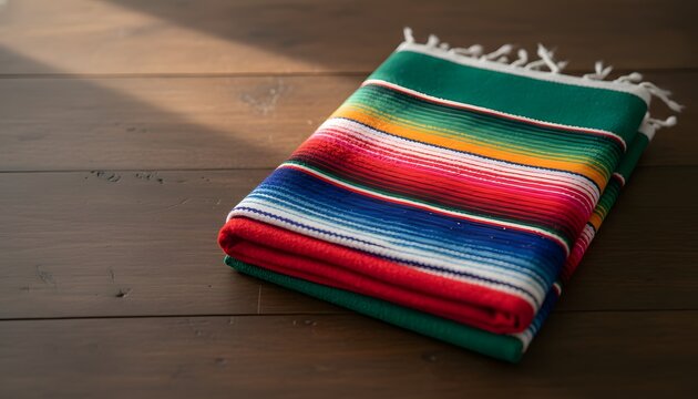 Traditional colorful serape blanket pattern folded on a dark wooden floor for a Cinco de Mayo concept, showcasing authentic Mexican heritage and festive culture in warm light