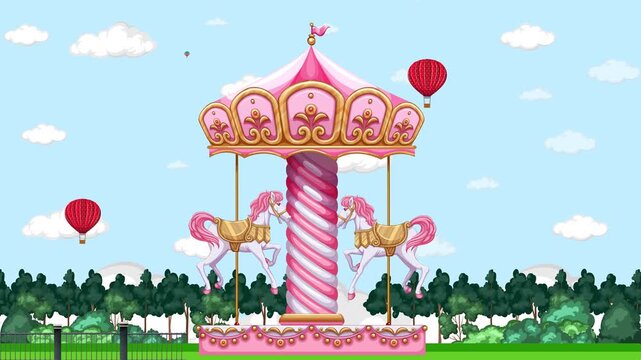 Animated Pink Carousel Spinning in a Park with Hot Air Balloons