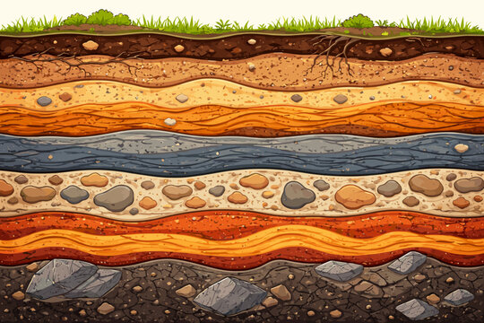 Detailed vector illustration of a geological cross section showing various earth layers including topsoil with grass, roots, sand, clay, gravel, sedimentary rock, and deep bedrock strata.