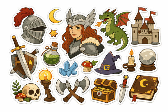 Medieval Fantasy Sticker Set with Magic Fairytale Elements. Hand-Drawn Doodle Illustration featuring Knight Helmet, Dragon, Castle, Warrior Woman, Sword, Shield, Potion, Wizard Hat, and Treasure.