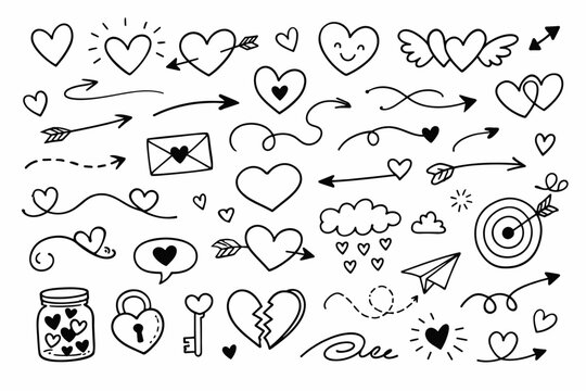 Set of Hand Drawn Doodle Icons Featuring Hearts, Arrows, Envelopes, and Romantic Symbols. Simple Black Line Art Vector Illustration for Valentine's Day, Wedding, Love, and Relationship Designs.
