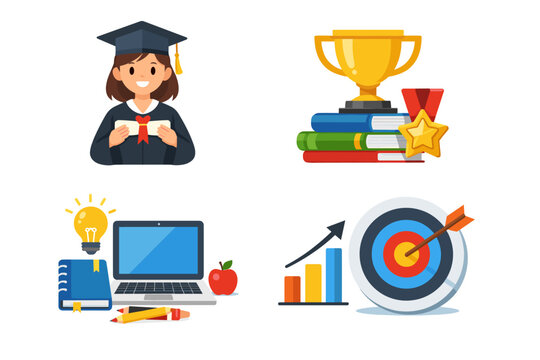 Set of Education and Success Vector Illustrations Featuring a Female Graduate with Diploma, Academic Trophy on Books, Online Learning Tools with Laptop and Idea, and Target with Growth Chart Icons