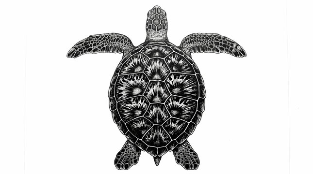 Detailed Black and White Illustration of a Sea Turtle
