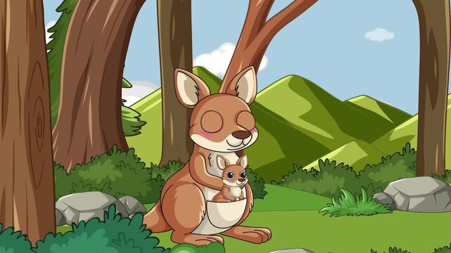 Animated Cartoon Kangaroo with Joey in a Lush Green Forest Setting