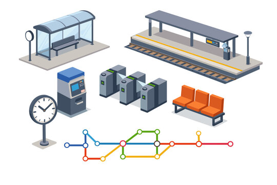 Isometric Public Transport Infrastructure Set with Bus Stop Shelter Train Platform Ticket Machine Turnstiles Waiting Chairs Station Clock and Metro Map for Urban City Transit System Design