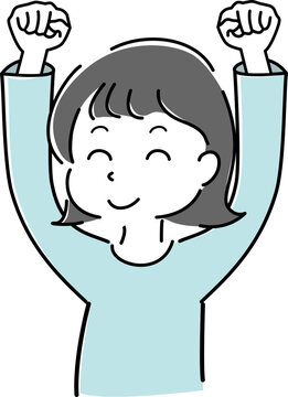 ニッコリ笑いながらガッツポーズをする女性の上半身シンプルイラスト（成功・達成・喜び・人物） / Simple Upper Body Illustration of Smiling Woman Making a Fist Pump (Success, Achievement, Joy, Person)