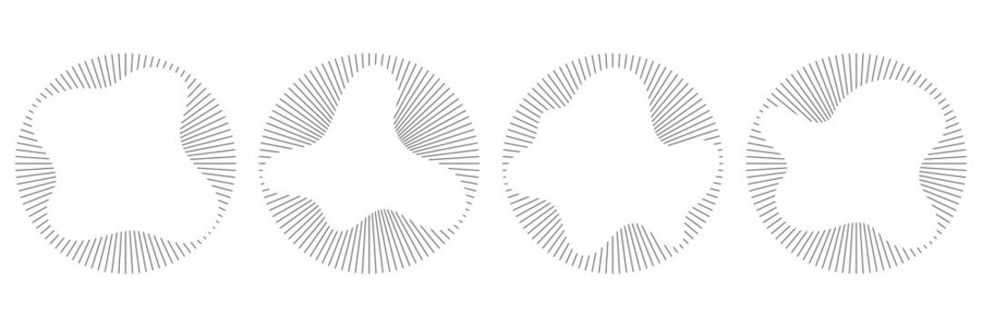 Sun burst with wavy organic shapes. Set of frames with radial rays. Black beats icon, echo effect. Vector