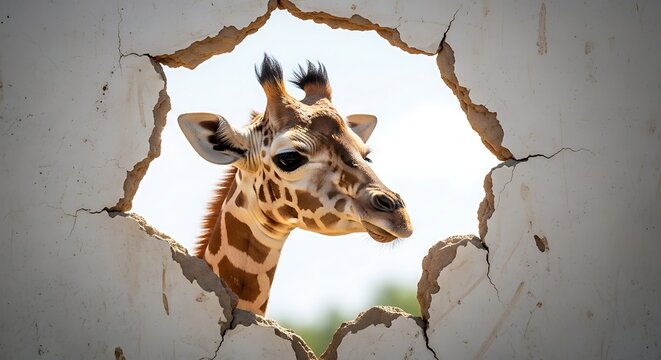 Giraffe peeking through torn wall hole.
