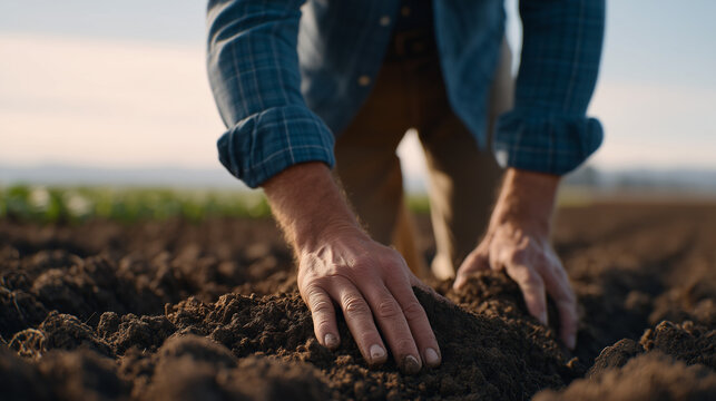 Regenerative farmer kneeling in no-till wheat field, pressing bare palm to dark crumbling soil, examining earthworm, spring planting season, soil health, carbon farming, agroecology, sustainable agr