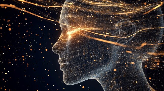 A digital illustration of a human head with glowing particles and lines emanating from it