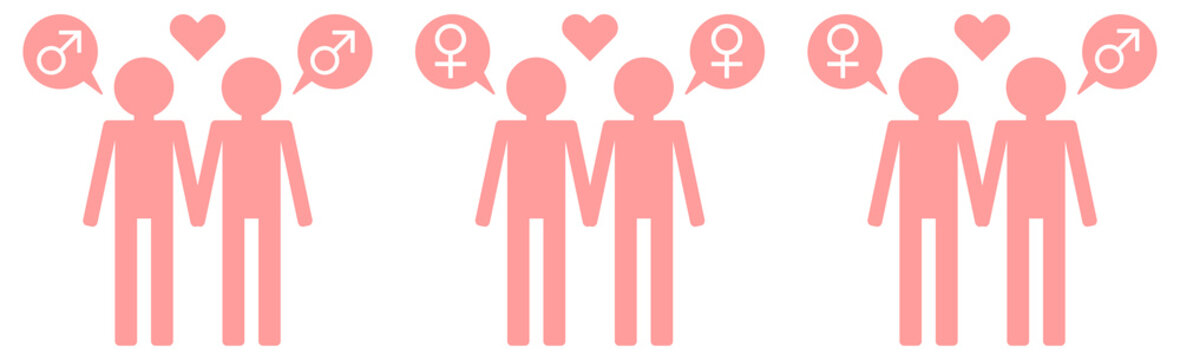 多様なカップルの形を表現したLGBTQ+と性自認のピクトグラムセット・同性愛・異性愛・ジェンダーアイデンティティ