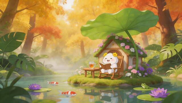 Cute animal reading by pond in forest