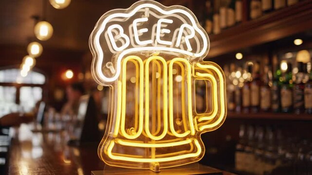 Neon beer mug sign in a bar with bottles on shelf