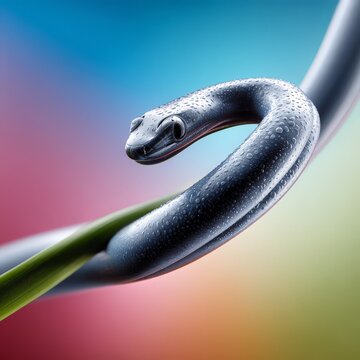 A sleek black snake poised gracefully on a green leaf.