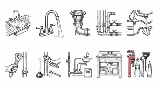 A collection of plumbing tools and fixtures, showing various aspects of plumbing work and installation
