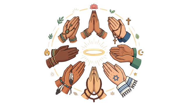 Diverse hands in a circular prayer gesture surround a soft halo, symbolizing unity, peace, and collective blessing