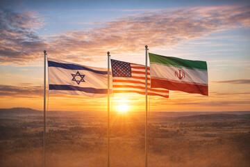 Fototapeta premium Flags of Israel, USA, and Iran Waving at Sunset