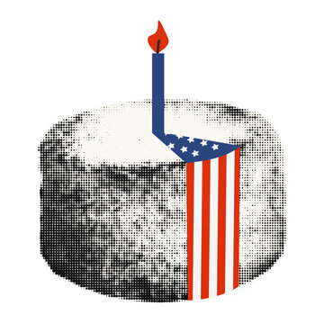 Birthday cake with candle, slice cut out and reveals American flag pattern. Happy USA Independence day, halftone playful sticker for 4th July Modern retro vector illustration for holiday collage