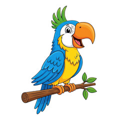 Fototapeta premium A vibrant blue and yellow macaw parrot sitting happily on a wooden branch in a cute cartoon style isolated on transparent background
