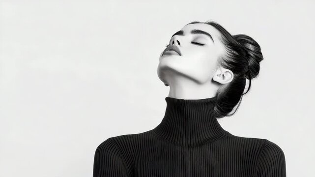 Elegant black and white portrait of woman in ribbed turtleneck sweater with her head tilted back and eyes closed in moment of peace.