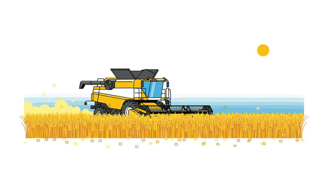 A large yellow combine harvester works through a vast field of golden wheat under a bright yellow sun on a minimalist white background.