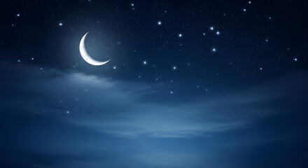 Naklejka premium Serene nightscape crescent moon and sparkling stars in a dark blue sky