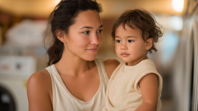 Immigrant mother counting loose coins on laundry room dryer, toddler on hip, utility bill magnetized to dryer door, industrial laundromat background, inflation survival, working poor, single parent 