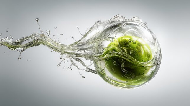 A vibrant green orb surrounded by splashing water droplets.