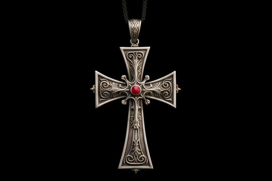 Ornate silver cross pendant with intricate scrolling patterns and a red gemstone on a plain background