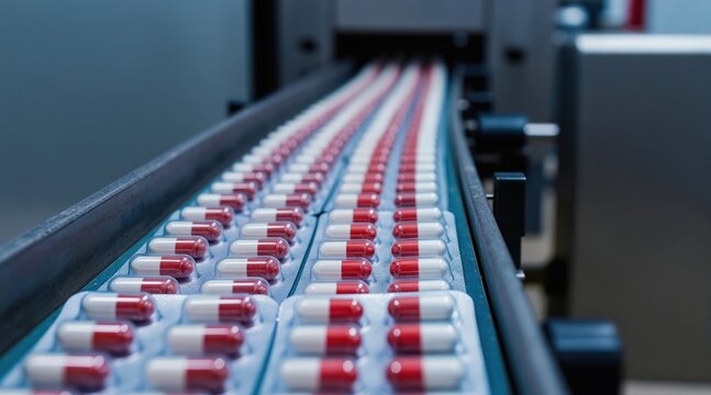 Red, white capsules move on automated conveyor belt in pharmaceutical factory. Pills packaged in blister packs for medical distribution. Medicine production line operates with high precision,