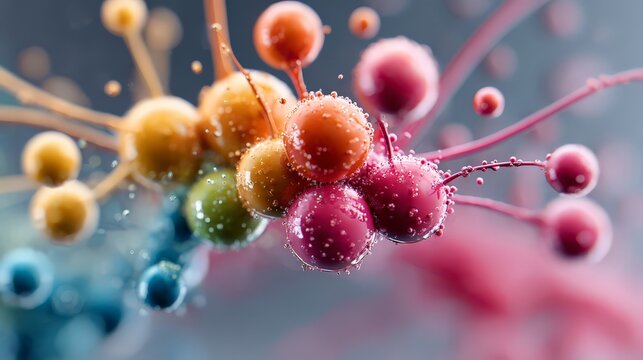Abstract colorful molecules representing chemical interactions.