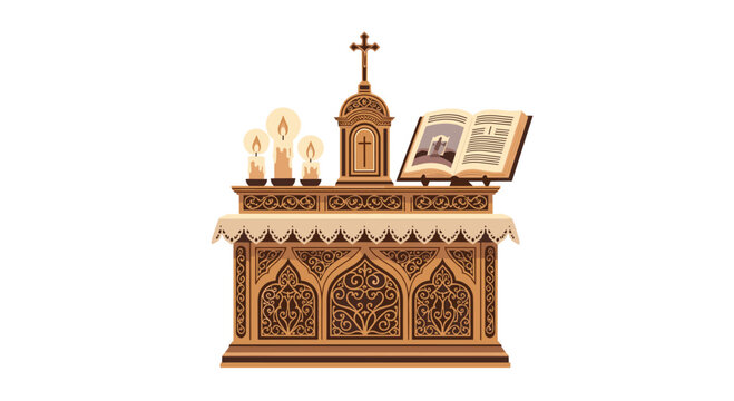 A highly detailed ornate wooden church altar features burning candles and an open holy book on a pristine white background.