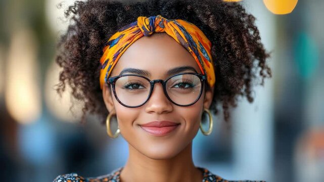 Close-up of smiling young woman with dark curly hair, adorned in vibrant patterned headwrap and sophisticated eyewear, conveying warmth.