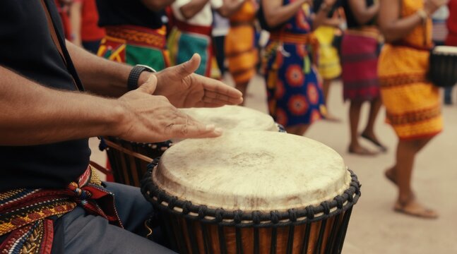 Hands play djembe drum during outdoor cultural celebration. Dancers in bright native costumes move rhythmically in background. Percussionist creates lively beat for festival.