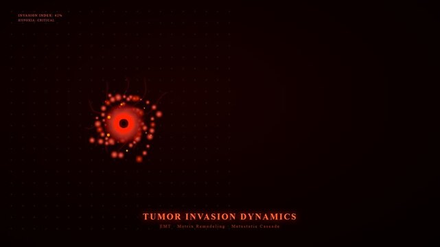 Illustrative medical research explores tumor invasion dynamics using organoid disease modeling showcasing critical hypoxia and metastatic cascade development in a dark scientific environment.