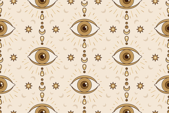 Seamless Mystical Eye Celestial Pattern with Stars and Moon &ndash; Vintage Boho Spiritual Background