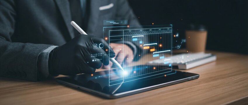 Digital transformation in business innovative technology use office setting graphic representation professional environment close-up viewpoint future-ready concepts
