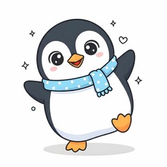 Obraz premium Adorable Penguin Character with Blue Polka Dot Scarf and Sparkles