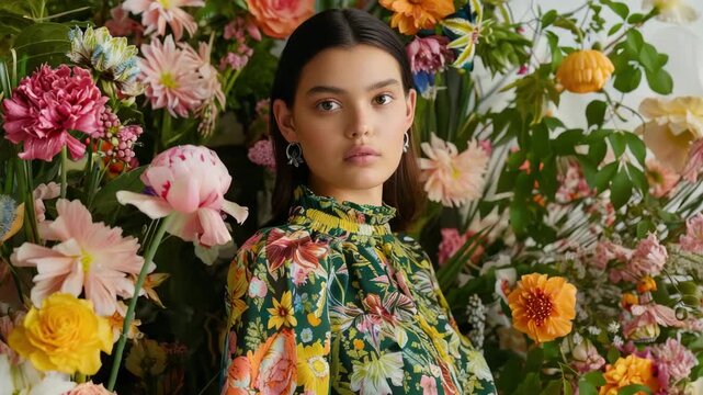 Young woman framed by lush vibrant floral arrangement, adorned in richly patterned garment, serene expression, intricate blossom composition, natures beauty, delicate jewelry, soft lighting, spring ae