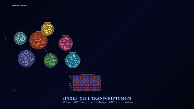 Organoid Disease Modeling research visualized with dynamic single-cell transcriptomics, showing cell populations, differentiation paths, and gene expression via UMAP analysis.
