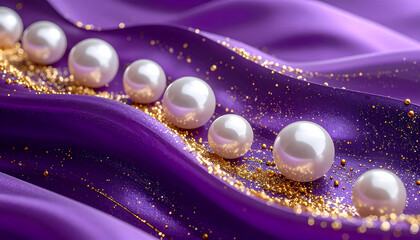 Elegant Pearls on Luxurious Purple Silk with Golden Sparkles.