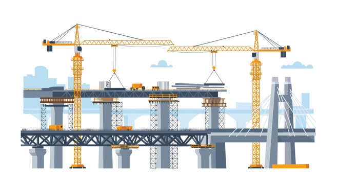Two massive yellow tower cranes operate over a complex bridge construction site featuring concrete pillars and steel scaffolding in a modern city.