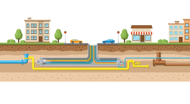 A detailed cross-section of the earth reveals various colorful underground utility pipes for gas and water beneath a busy city street with cars.