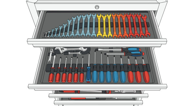 A meticulously organized metal tool chest features multiple open drawers filled with colorful wrenches and screwdrivers in a professional workshop.
