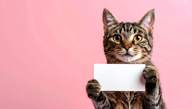 Cute tabby cat holding a blank white sign with a pink background.