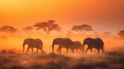 Fototapeta premium Majestic elephant herd walking at sunset in african savanna