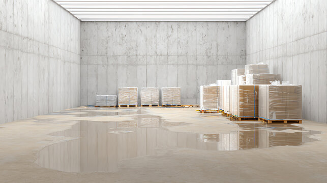 Empty warehouse interior with wooden pallets stacked. Clean concrete walls and floor with reflected water surface.
