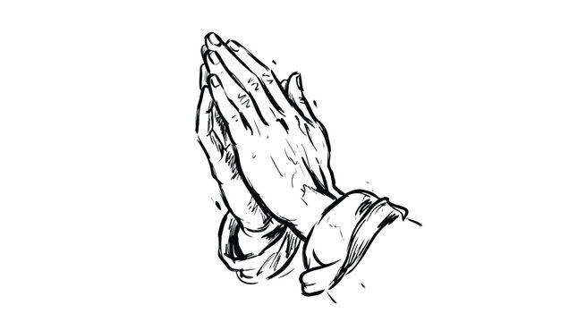 A monochrome sketch of praying hands with folded fingers and soft sleeves, conveying reverence, faith, and devotion