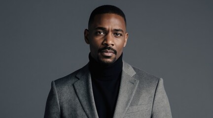 Obraz premium Middle-aged Black man poses in stylish grey coat, black turtleneck. Short haircut, neatly trimmed beard, looking directly at camera with neutral expression. Clean background provides ample copy space