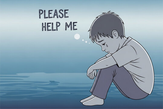 Please Help Me Text with Sad Boy Expression Distressed Young Male Character Vector Design, Depressed or Worried Child, Knees Hugged to Chest, Looking Down with Tearful Eyes